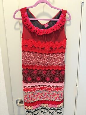 Womens Pink & Red Tiered Lace Dress